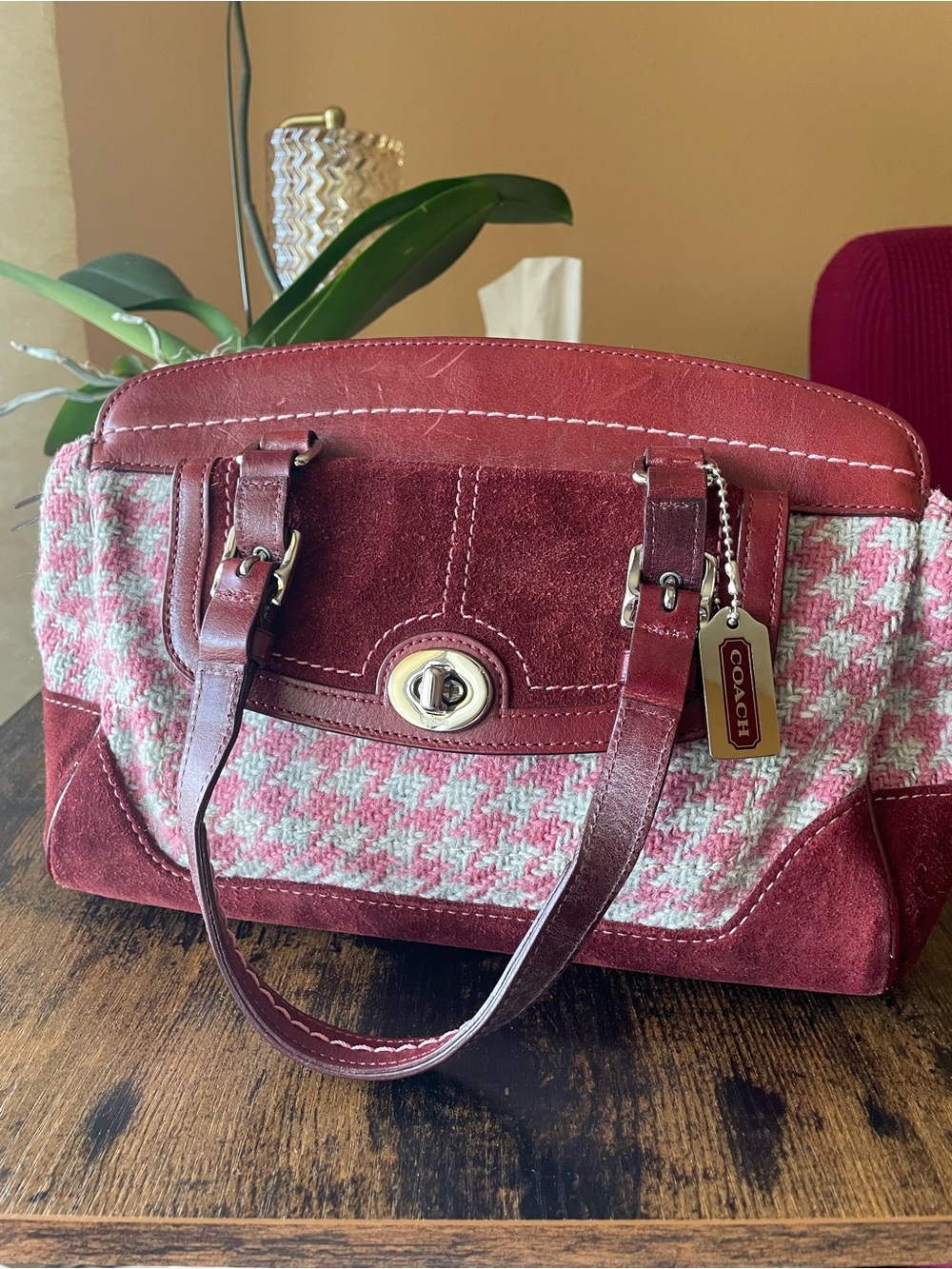 Y2K Rare Vintage Coach Hampton Houndstooth Satchel Burgundy Suede & Pink Wool